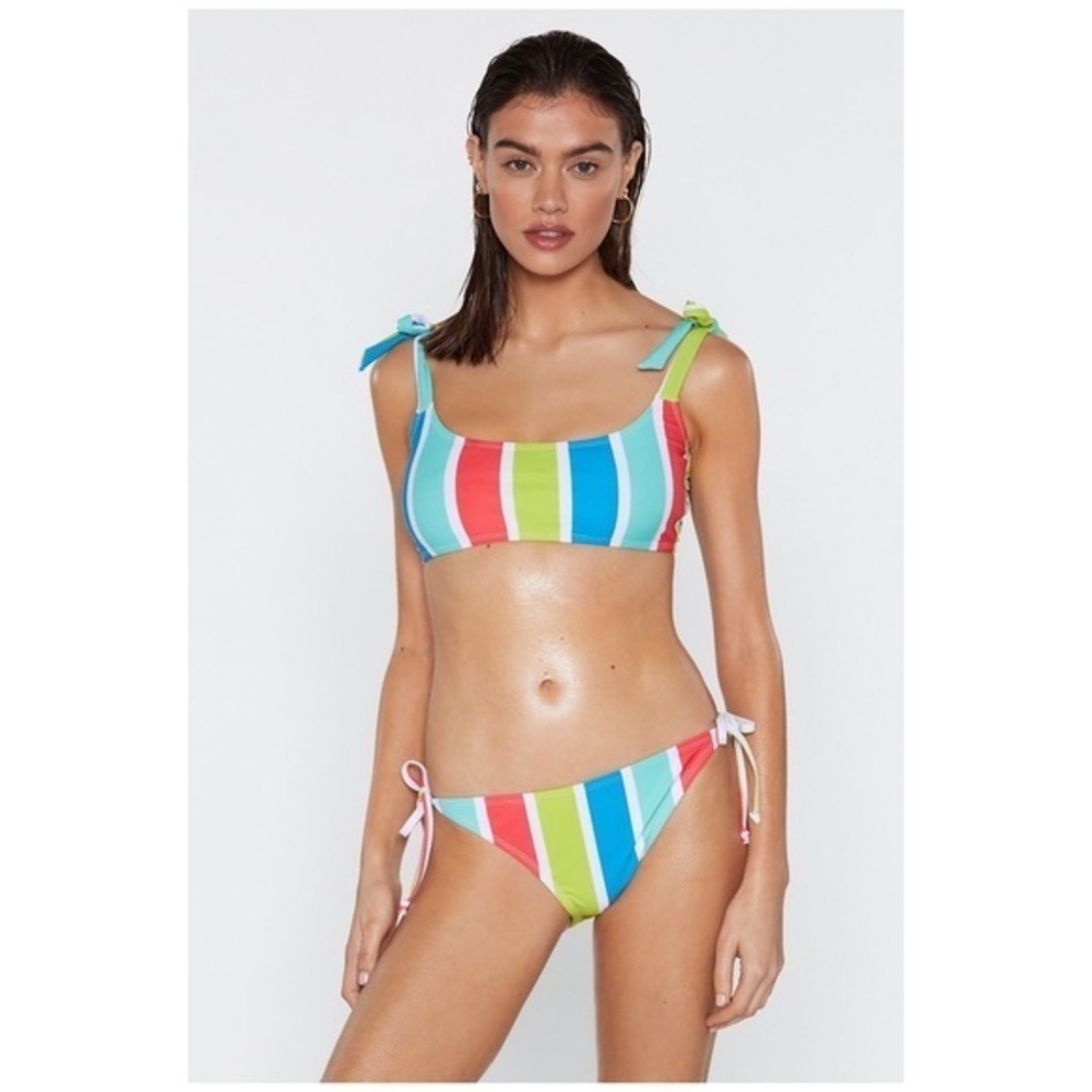 Nasty Gal Lime Wait & Sea Striped Bikini Set Sz 2